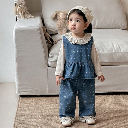 ノースリーブセットアップ ドットリボンデニムベスト+パンツセットアップ 2点セット【mh0011020】