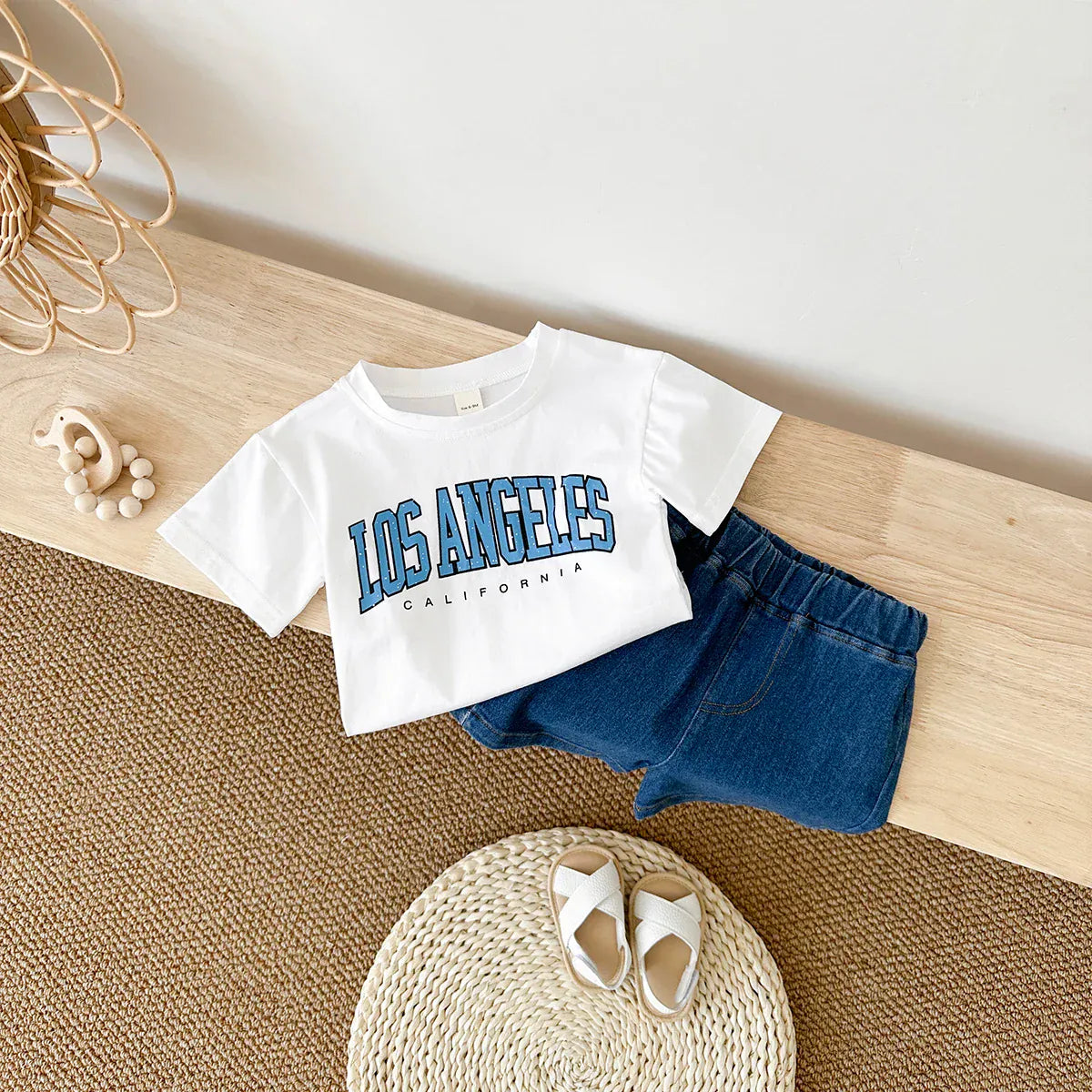 半袖セットアップ ☺︎ ベビーセットアップ 2点セット 半袖Tシャツ+デニムショートパンツ レターロゴプリント