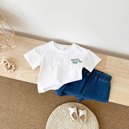 半袖セットアップ ☺︎ ベビーセットアップ 2点セット 半袖Tシャツ+デニムショートパンツ 恐竜ダイナソー刺繍