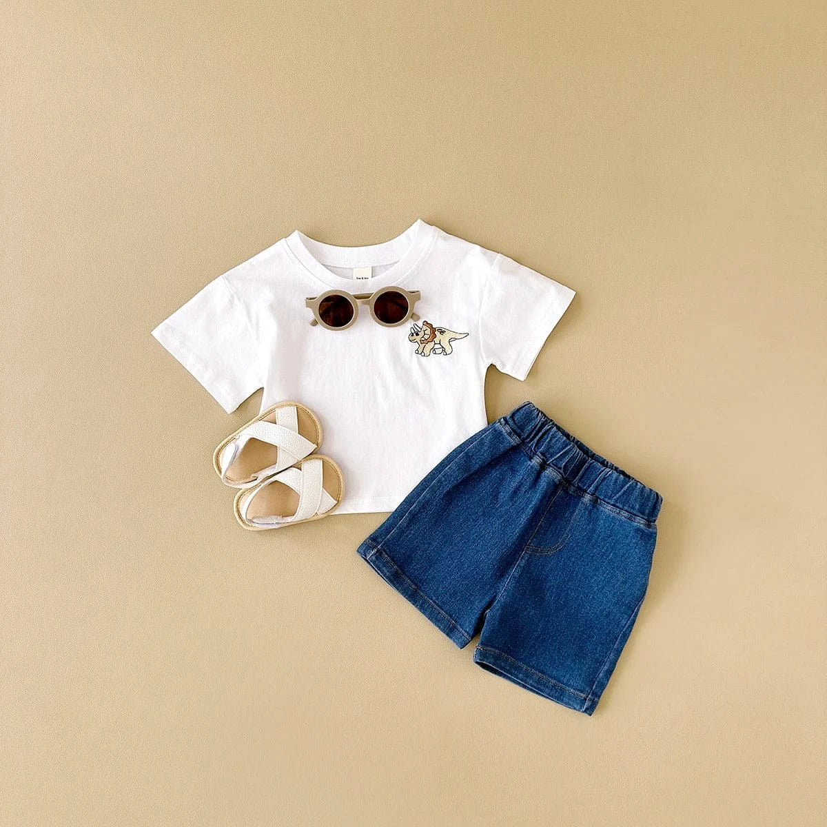 半袖セットアップ ☺︎ ベビーセットアップ 2点セット 半袖Tシャツ+デニムショートパンツ 恐竜ダイナソー刺繍