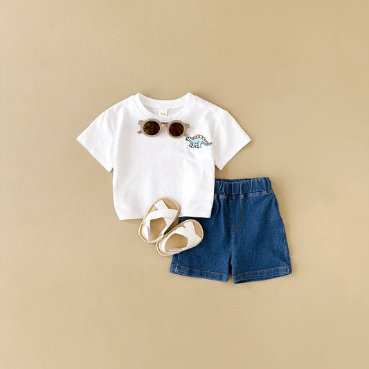半袖セットアップ ☺︎ ベビーセットアップ 2点セット 半袖Tシャツ+デニムショートパンツ 恐竜ダイナソー刺繍