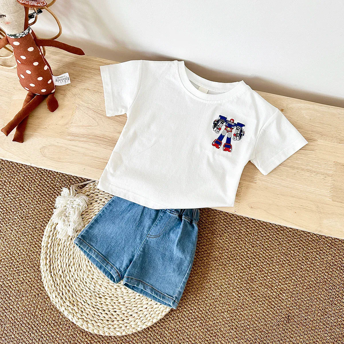半袖セットアップ ☺︎ ベビーセットアップ 2点セット 半袖Tシャツ+デニムショートパンツ ロボット刺繍