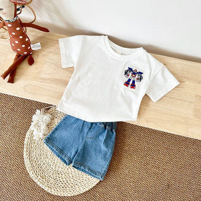 半袖セットアップ ☺︎ ベビーセットアップ 2点セット 半袖Tシャツ+デニムショートパンツ ロボット刺繍