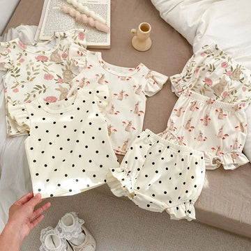 半袖セットアップ ベビーセットアップ 2点セット フリルスリーブTシャツ+ブルマパンツ うさぎラビット/マッシュルーム/水玉ドット