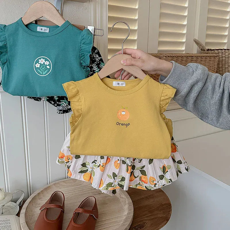 ノースリーブセットアップ キッズセットアップ 2点セット フリルスリーブTシャツ+フレアショートパンツ プリント柄