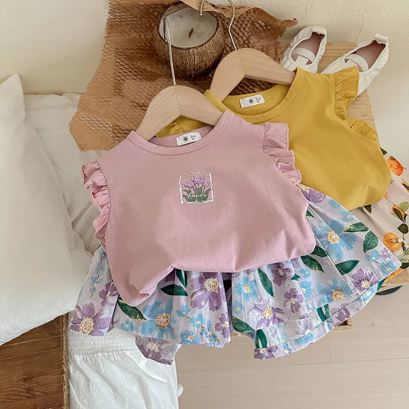 ノースリーブセットアップ キッズセットアップ 2点セット フリルスリーブTシャツ+フレアショートパンツ プリント柄
