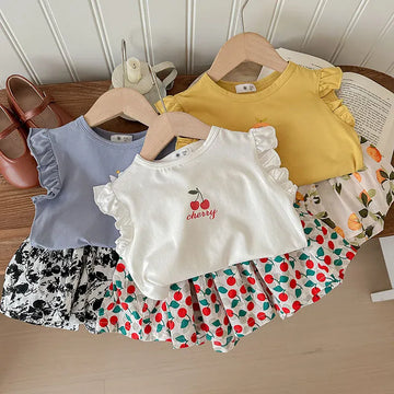 ノースリーブセットアップ キッズセットアップ 2点セット フリルスリーブTシャツ+フレアショートパンツ プリント柄
