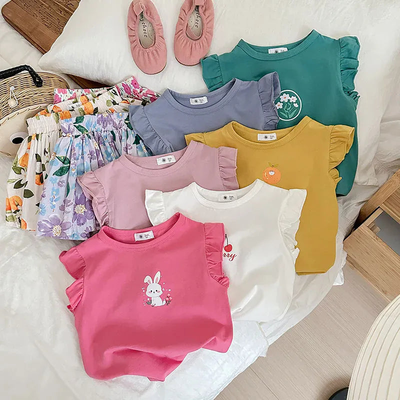 ノースリーブセットアップ キッズセットアップ 2点セット フリルスリーブTシャツ+フレアショートパンツ プリント柄