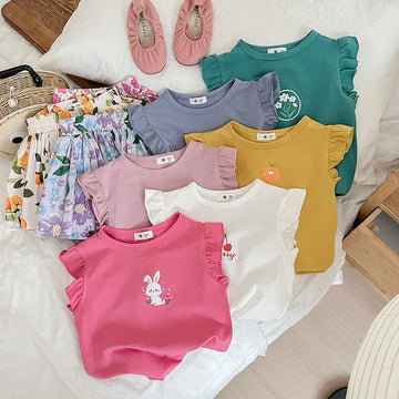 ノースリーブセットアップ キッズセットアップ 2点セット フリルスリーブTシャツ+フレアショートパンツ プリント柄