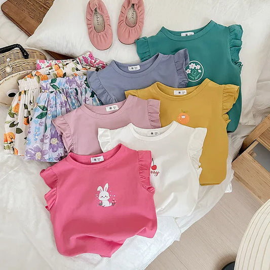ノースリーブセットアップ キッズセットアップ 2点セット フリルスリーブTシャツ+フレアショートパンツ プリント柄