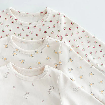 長袖パジャマ ☺︎ ベビーパジャマセット セットアップ 2点セット 長袖Tシャツ ロングパンツ フラワー花柄 うさぎバニープリント柄