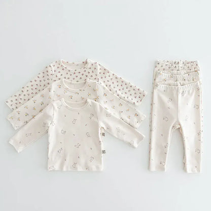 長袖パジャマ ☺︎ ベビーパジャマセット セットアップ 2点セット 長袖Tシャツ ロングパンツ フラワー花柄 うさぎバニープリント柄