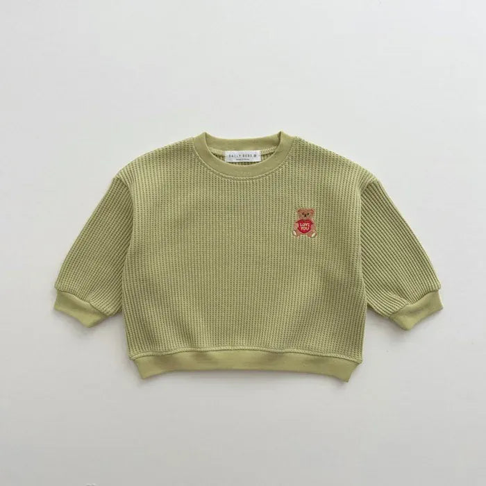 長袖セットアップ ベビーセットアップ 2点セット ワッフル 長袖Tシャツ ロングパンツ ベアくまワンポイント刺繍