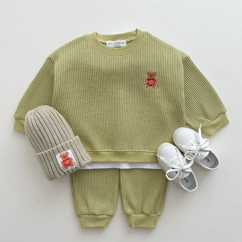 長袖セットアップ ベビーセットアップ 2点セット ワッフル 長袖Tシャツ ロングパンツ ベアくまワンポイント刺繍