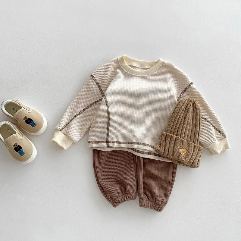 長袖セットアップ ☺︎ ベビーセットアップ 2点セット ワッフル 長袖Tシャツ パンツ ベージュ ボーイズ 男の子 子供服