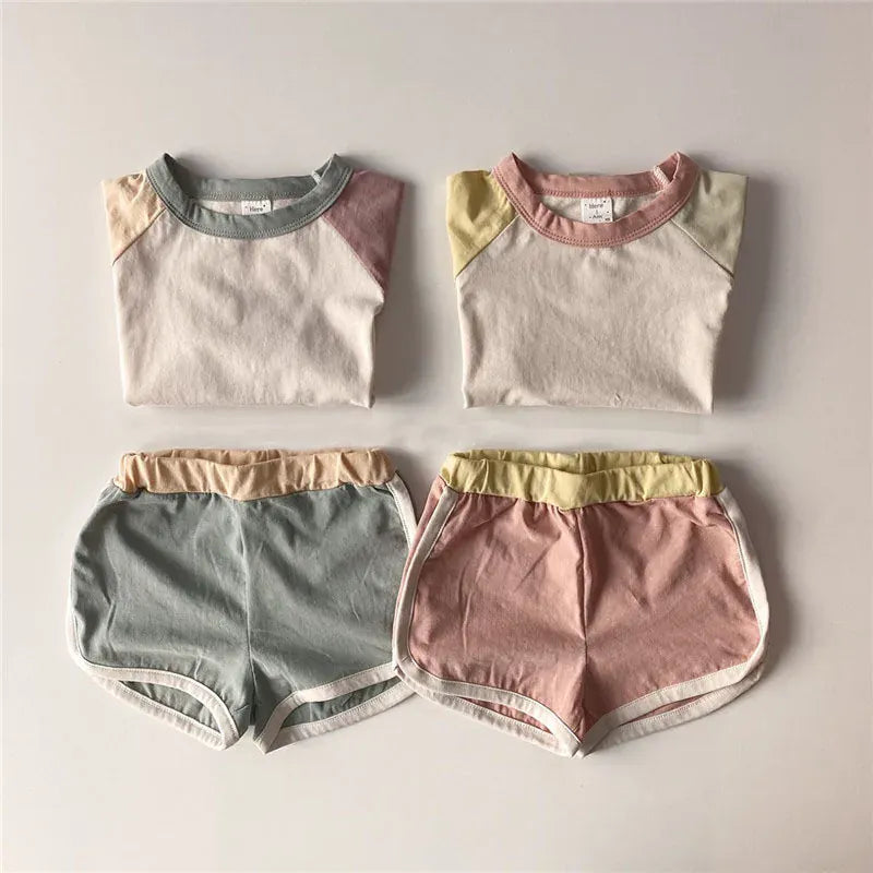 半袖セットアップ キッズセットアップ 2点セット パッチワーク カラフル 半袖Tシャツ+ショートパンツ ユニセックス