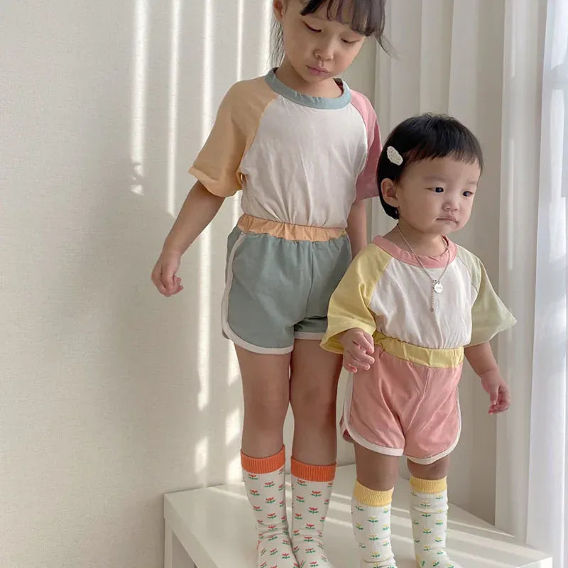 半袖セットアップ キッズセットアップ 2点セット パッチワーク カラフル 半袖Tシャツ+ショートパンツ ユニセックス