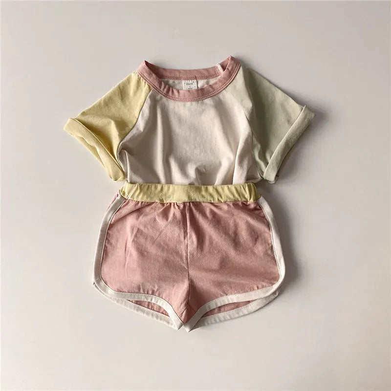 半袖セットアップ キッズセットアップ 2点セット パッチワーク カラフル 半袖Tシャツ+ショートパンツ ユニセックス