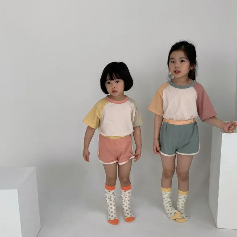 半袖セットアップ キッズセットアップ 2点セット パッチワーク カラフル 半袖Tシャツ+ショートパンツ ユニセックス