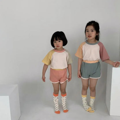 半袖セットアップ キッズセットアップ 2点セット パッチワーク カラフル 半袖Tシャツ+ショートパンツ ユニセックス