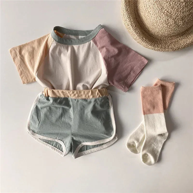 半袖セットアップ キッズセットアップ 2点セット パッチワーク カラフル 半袖Tシャツ+ショートパンツ ユニセックス