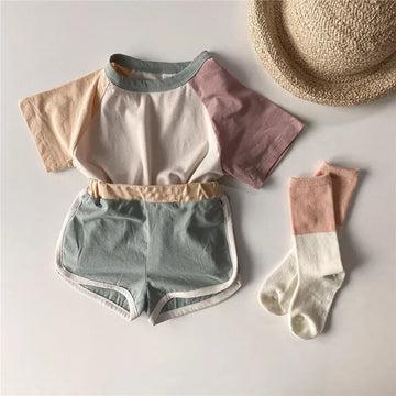 半袖セットアップ キッズセットアップ 2点セット パッチワーク カラフル 半袖Tシャツ+ショートパンツ ユニセックス