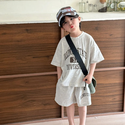半袖セットアップ キッズセットアップ 2点セット レターロゴプリント半袖Tシャツ+ハーフパンツ 2カラー