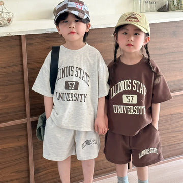 半袖セットアップ キッズセットアップ 2点セット レターロゴプリント半袖Tシャツ+ハーフパンツ 2カラー