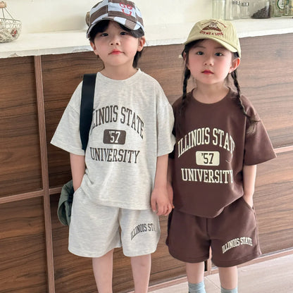 半袖セットアップ キッズセットアップ 2点セット レターロゴプリント半袖Tシャツ+ハーフパンツ 2カラー