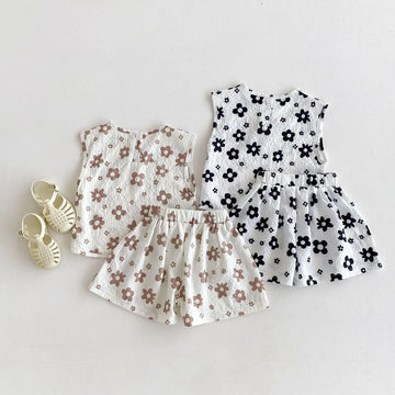 ノースリーブセットアップ キッズセットアップ 2点セット ノースリーブTシャツ+フレアショートパンツ レトロフラワープリント 2カラー