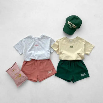 半袖セットアップ キッズセットアップ 2点セット 半袖Tシャツ+ショートパンツ ワンポイントロゴプリント 2カラー