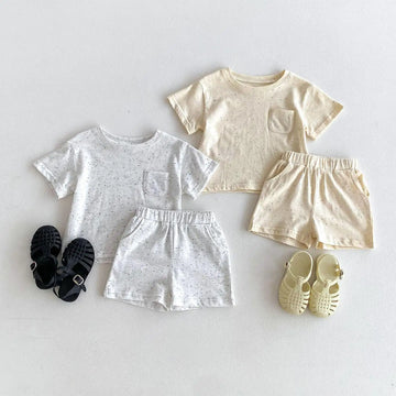 半袖セットアップ キッズセットアップ 2点セット 半袖Tシャツ+ショートパンツ カラフルネップ シンプルベーシック 2カラー