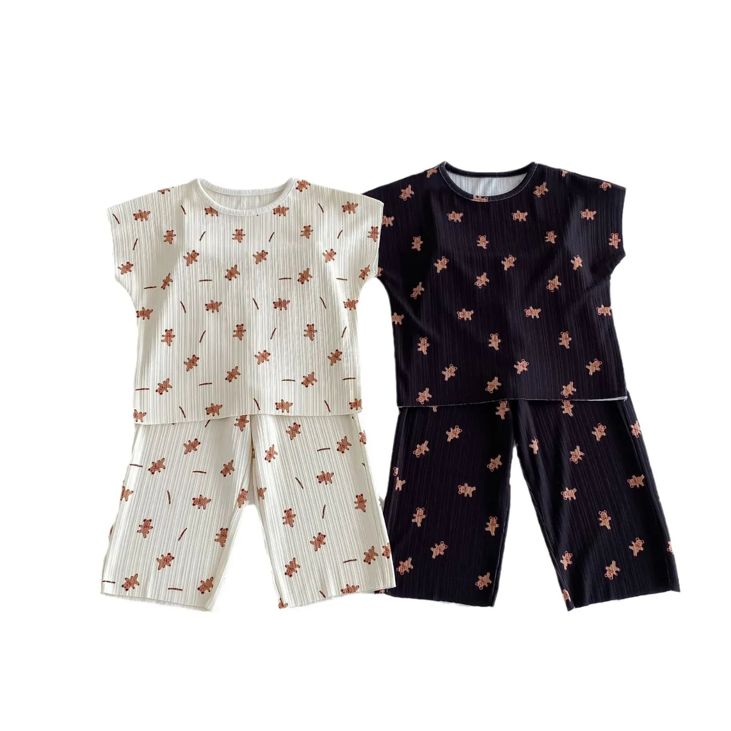 半袖セットアップ キッズセットアップ 2点セット ショートスリーブTシャツ+ワイドルーズパンツ ルームウェア ベアくまプリント 2カラー