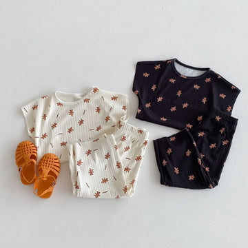 半袖セットアップ キッズセットアップ 2点セット ショートスリーブTシャツ+ワイドルーズパンツ ルームウェア ベアくまプリント 2カラー