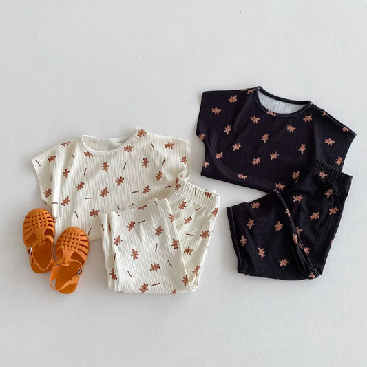 半袖セットアップ キッズセットアップ 2点セット ショートスリーブTシャツ+ワイドルーズパンツ ルームウェア ベアくまプリント 2カラー