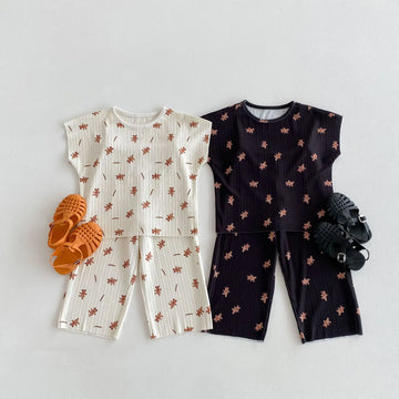 半袖セットアップ キッズセットアップ 2点セット ショートスリーブTシャツ+ワイドルーズパンツ ルームウェア ベアくまプリント 2カラー