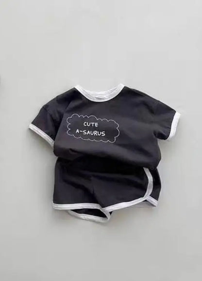 半袖セットアップ ベビーセットアップ 2点セット 半袖Tシャツ+ショートパンツ レターロゴプリント 2カラー