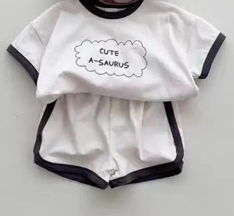 半袖セットアップ ベビーセットアップ 2点セット 半袖Tシャツ+ショートパンツ レターロゴプリント 2カラー