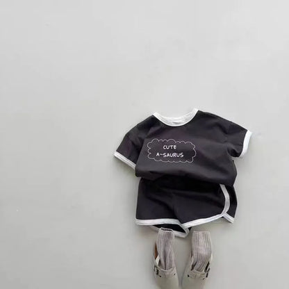 半袖セットアップ ベビーセットアップ 2点セット 半袖Tシャツ+ショートパンツ レターロゴプリント 2カラー