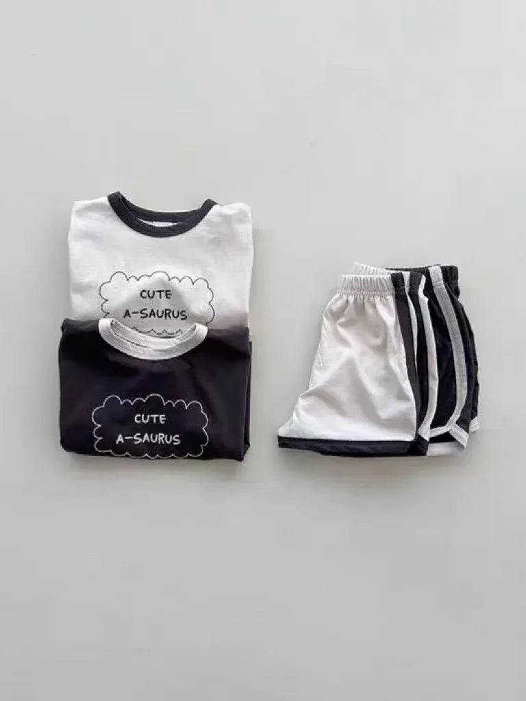 半袖セットアップ ベビーセットアップ 2点セット 半袖Tシャツ+ショートパンツ レターロゴプリント 2カラー