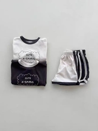 半袖セットアップ ベビーセットアップ 2点セット 半袖Tシャツ+ショートパンツ レターロゴプリント 2カラー
