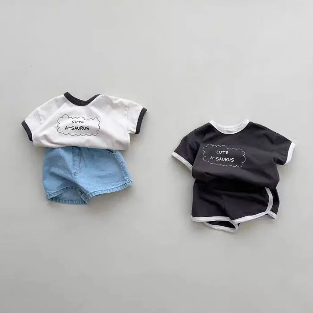 半袖セットアップ ベビーセットアップ 2点セット 半袖Tシャツ+ショートパンツ レターロゴプリント 2カラー