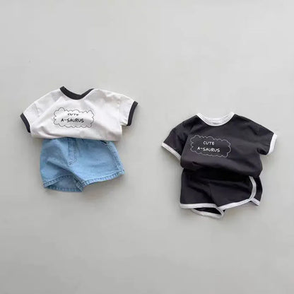 半袖セットアップ ベビーセットアップ 2点セット 半袖Tシャツ+ショートパンツ レターロゴプリント 2カラー