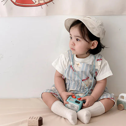 半袖セットアップ ベビーセットアップ 2点セット 半袖Tシャツ+オーバーオール 犬パピープリント サロペット 2カラー