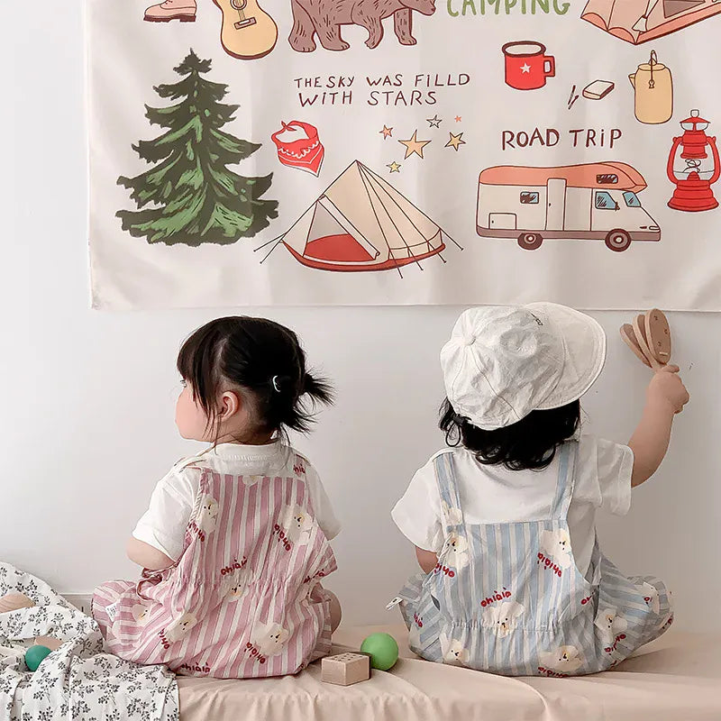 半袖セットアップ ベビーセットアップ 2点セット 半袖Tシャツ+オーバーオール 犬パピープリント サロペット 2カラー