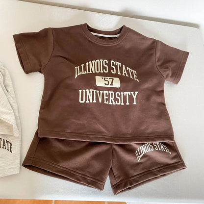 半袖セットアップ キッズセットアップ 2点セット 半袖Tシャツ+ショートパンツ レターロゴプリント 2カラー