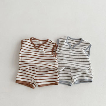 ノースリーブセットアップ ☺︎ キッズセットアップ 2点セット ノースリーブTシャツ+ショートパンツ レトロボーダー 2カラー