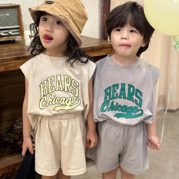 ノースリーブセットアップ キッズセットアップ 2点セット ノースリーブTシャツ+ショートパンツ レターロゴプリント 2カラー