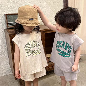ノースリーブセットアップ キッズセットアップ 2点セット ノースリーブTシャツ+ショートパンツ レターロゴプリント 2カラー