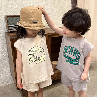 ノースリーブセットアップ キッズセットアップ 2点セット ノースリーブTシャツ+ショートパンツ レターロゴプリント 2カラー